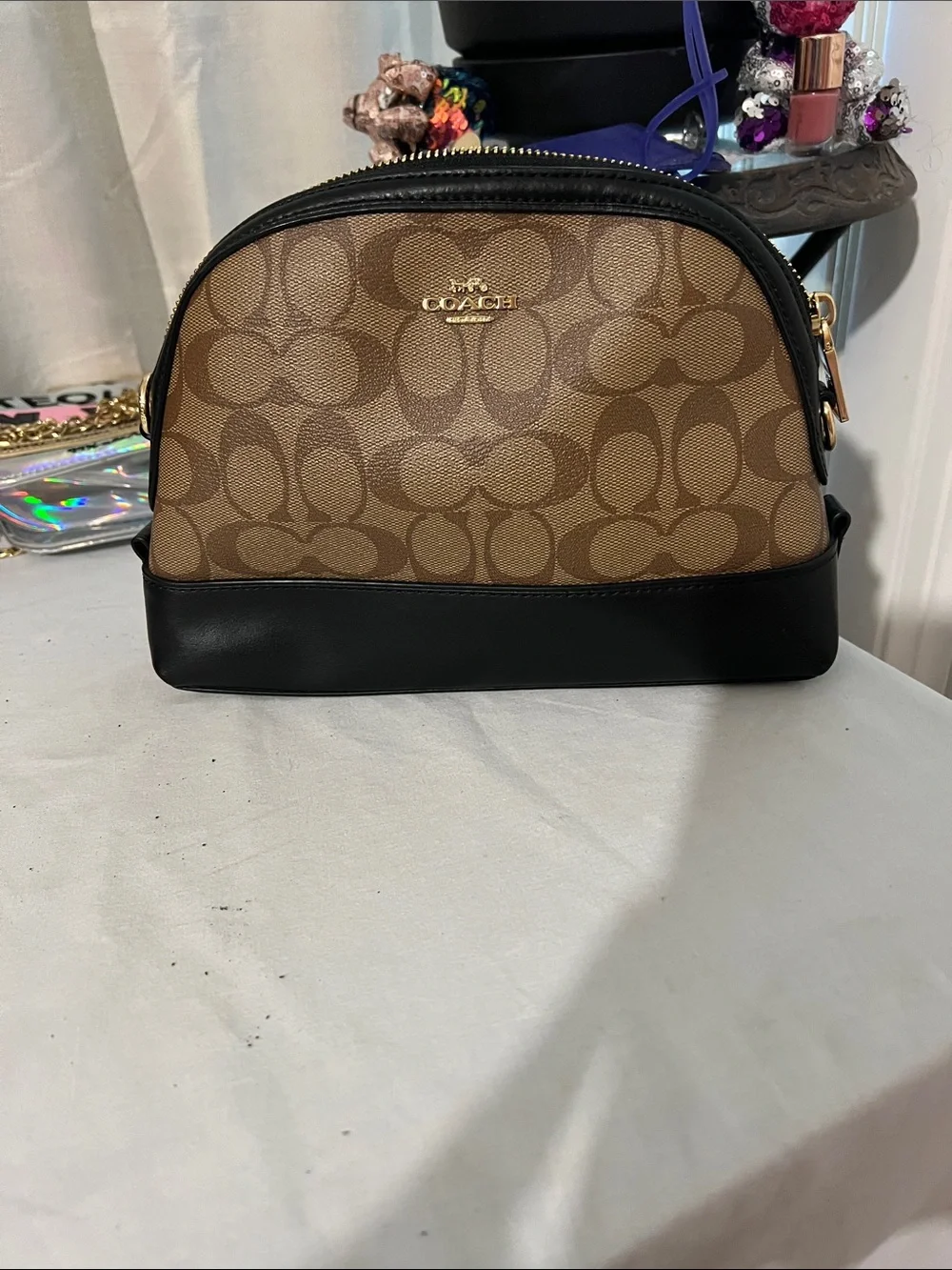 Coach Brown Signature Cosmetic Pouch with Black Trim